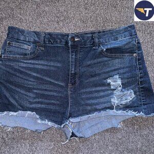 Womens Ripped Deep Blue Jean Shorts (17)